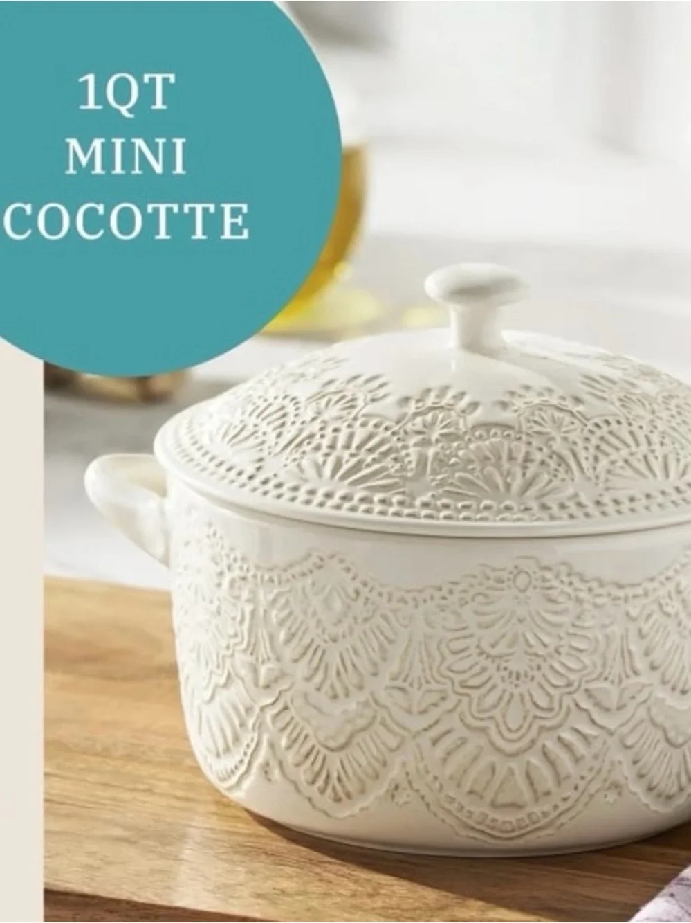 The Pioneer Woman 1QT Cocotte Casserole Baking Dish Stoneware Vintage Lace Linen